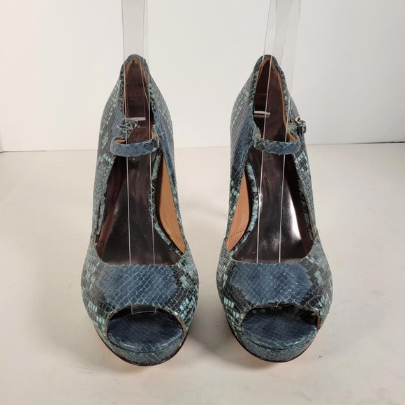 Coach SHAWNA Teal Green Blue Snake Leather Peep Toe Pumps SHAWNA Women Size 6.5 - Picture 5 of 14